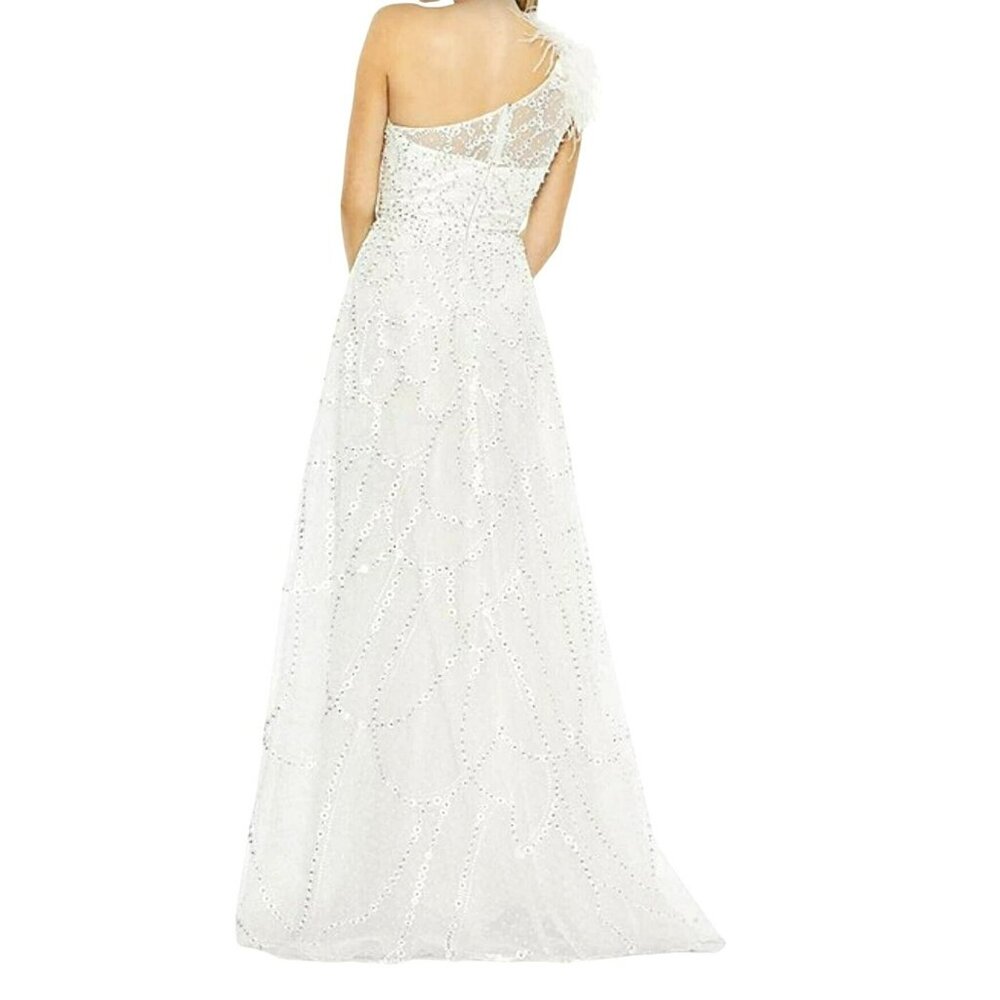 Mac Duggal One Shoulder White Sequin Feather Embellished Gown Maxi Dress Sz 2 - Picture 3 of 10